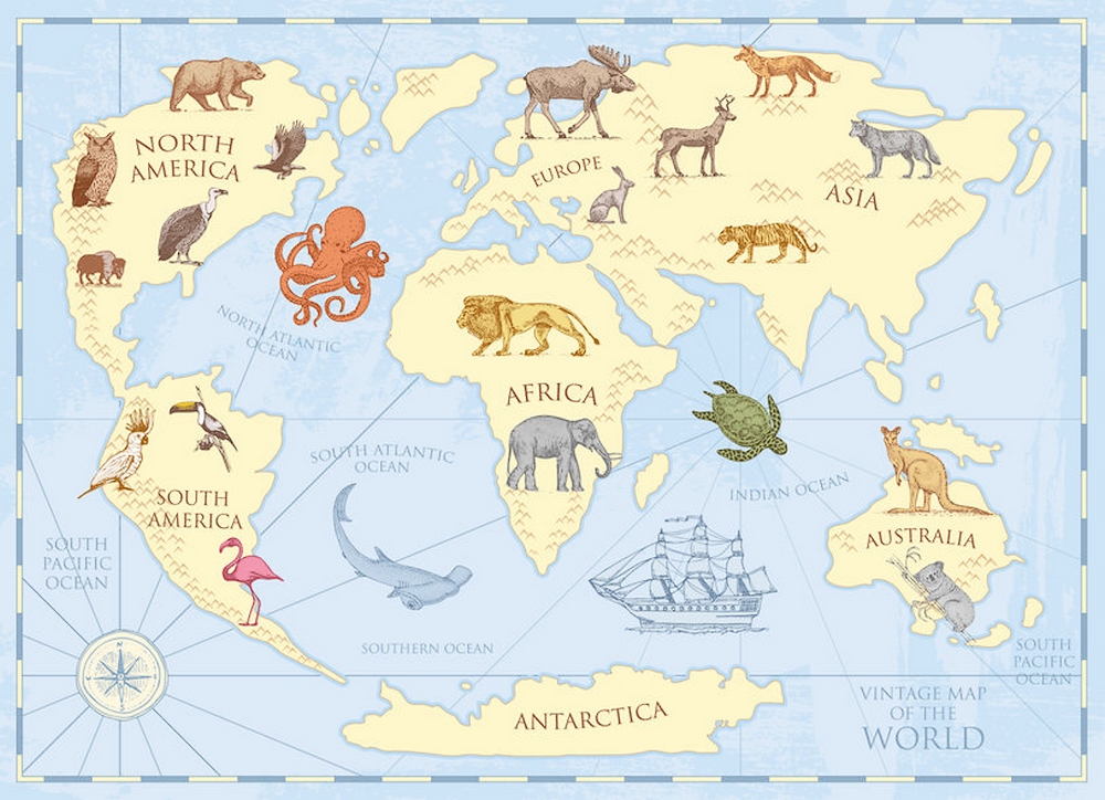 Carta da parati mappa del mondo con animali per bambini - Nanni Giancarlo
